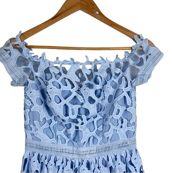 CHI CHI LONDON SKY BLUE GUIPURE FLORAL LACE OFF THE SHOULDER COCKTAIL DRESS - Picture 6 of 15